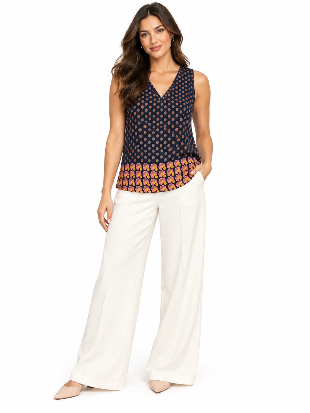 Ann Taylor Small Navy Polka Dot Floral Border Print Sleeveless V Neck Blouse